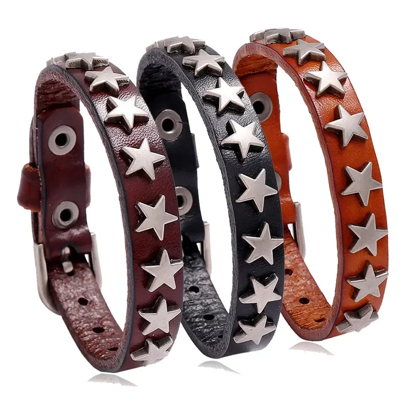 

New Punk Style Retro Pentagram Fashion Chain Versatile Leather Wristband Men Women Gift Bracelet Bar Street Dance Rock Jewelry