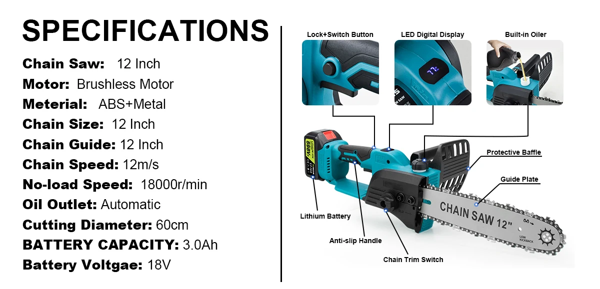 12 Inch Brushless Electric Chain Saw With Oiler Cordless Handheld Chainsaw Grade