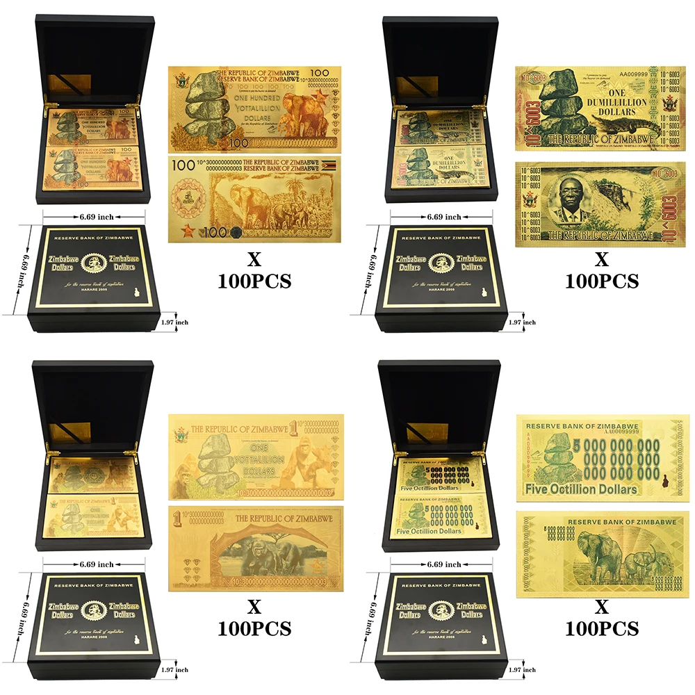 

100pcs/box Zimbabwe Dumillillion Gold Foil Banknotes Exquisite Wooden Box Set with UV Anti-counterfeiting Logo Collection Gift