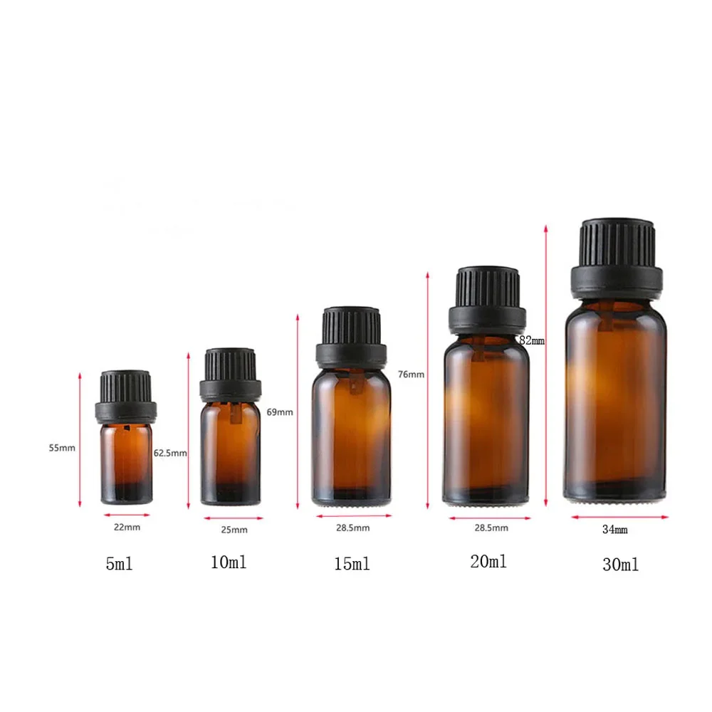 Refillable Amber Glass Bottles for Essential Oils - Set of 6 with Droppers and Caps
