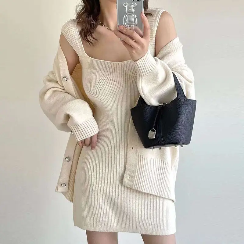 Autumn Winter Sweater Cardigan Sleeveless Dress 2 Piece Set Women 2023 Korean Chic Pure Color Knit Jacket Mini Dresses Outfits