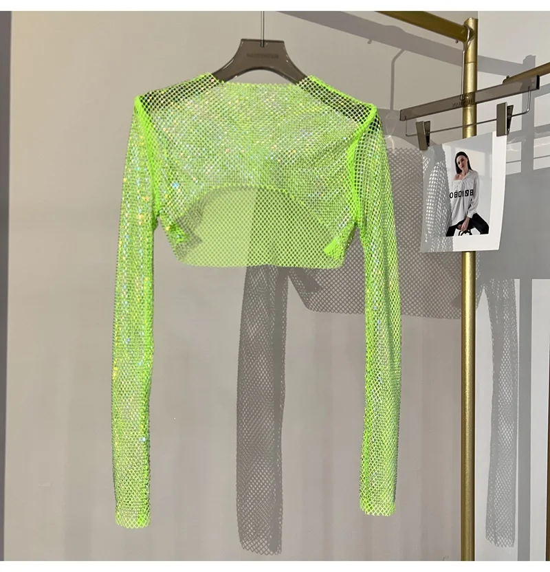 2025 New Summer Sexy Bright Diamond Short Thin Tops Slim Hot Drill Long-sleeved T-shirt Sexy Leak Waist Blouse