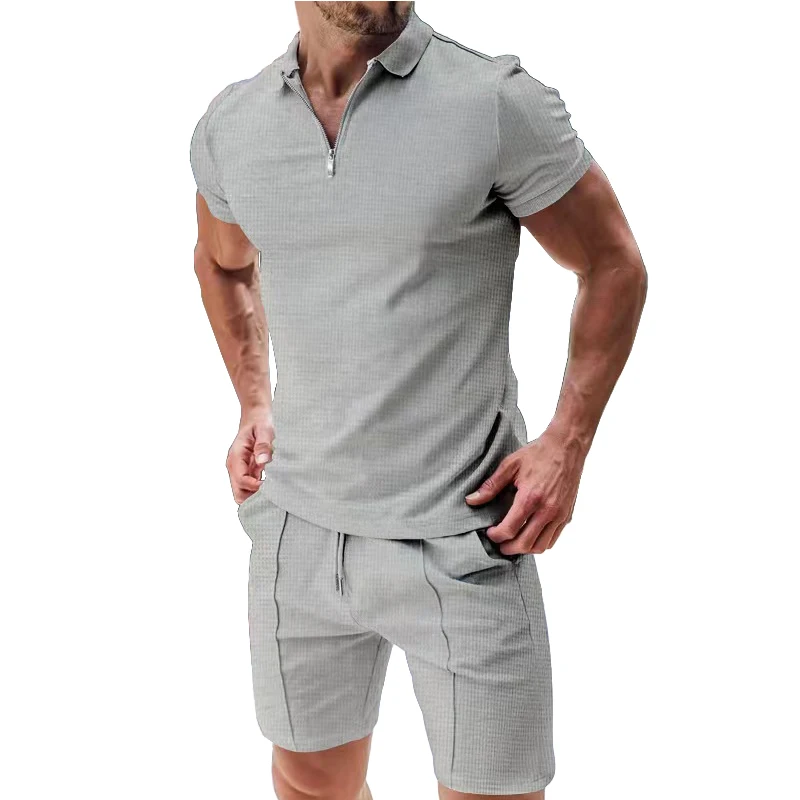 Cross border summer men's polo shirt set solid color waffle short sleeve slim lapel t-shirt casual men's set