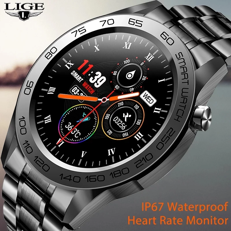 

LIGE Luxury Steel Band Smartwatch Men Sport Fitness Tracking Watch Waterproof Watches Bluetooth For Android IOS Men Smart Watch