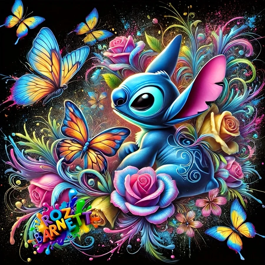 Stitch Fantaisie : Papillons Colorés et Roses Enchantées