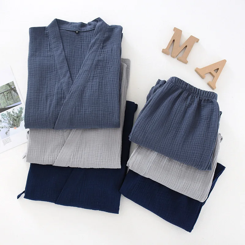 simple kimono robes men 100% cotton pajamas sets men double gauze wrinkly cotton sauna pyjamas robes SPA bathrobes male