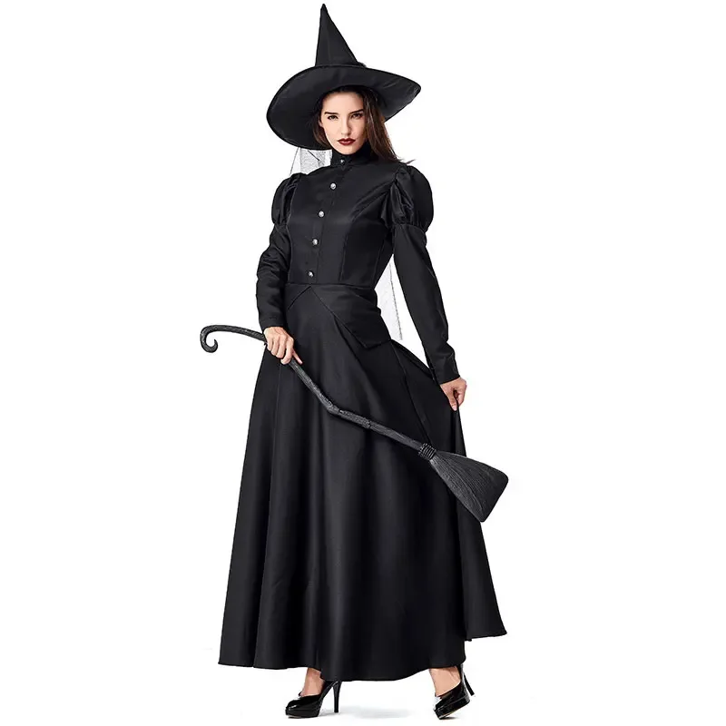 

The Women Deluxe Wicked Witch Costume Black Full Length Dress Halloween Classic Witches Costumes Cosplay
