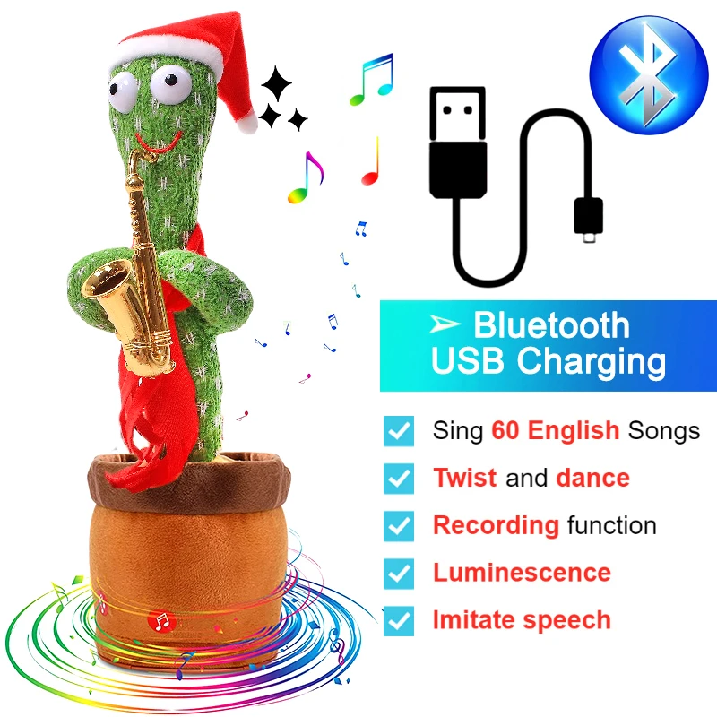 Bluetooth Dancing Cactus Repeat What You Said Usb Charging Voice Record Toy Speaker Talking Plushie Stuffed Toys for Kids Gift 