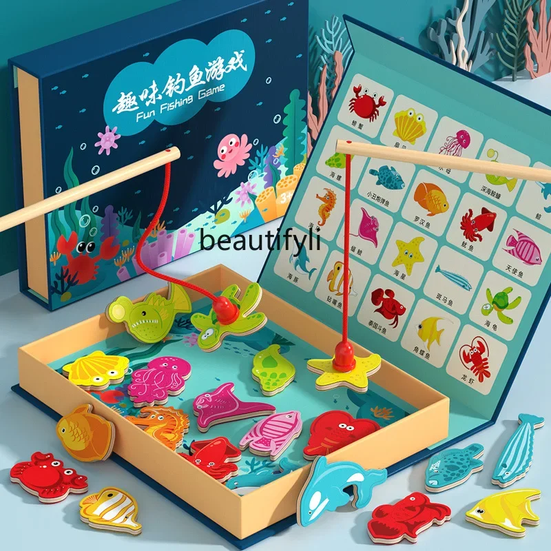 Magnetic two fishing rods for children, boys and girls 1 to 3 years old, early education 0 puzzle, wooden