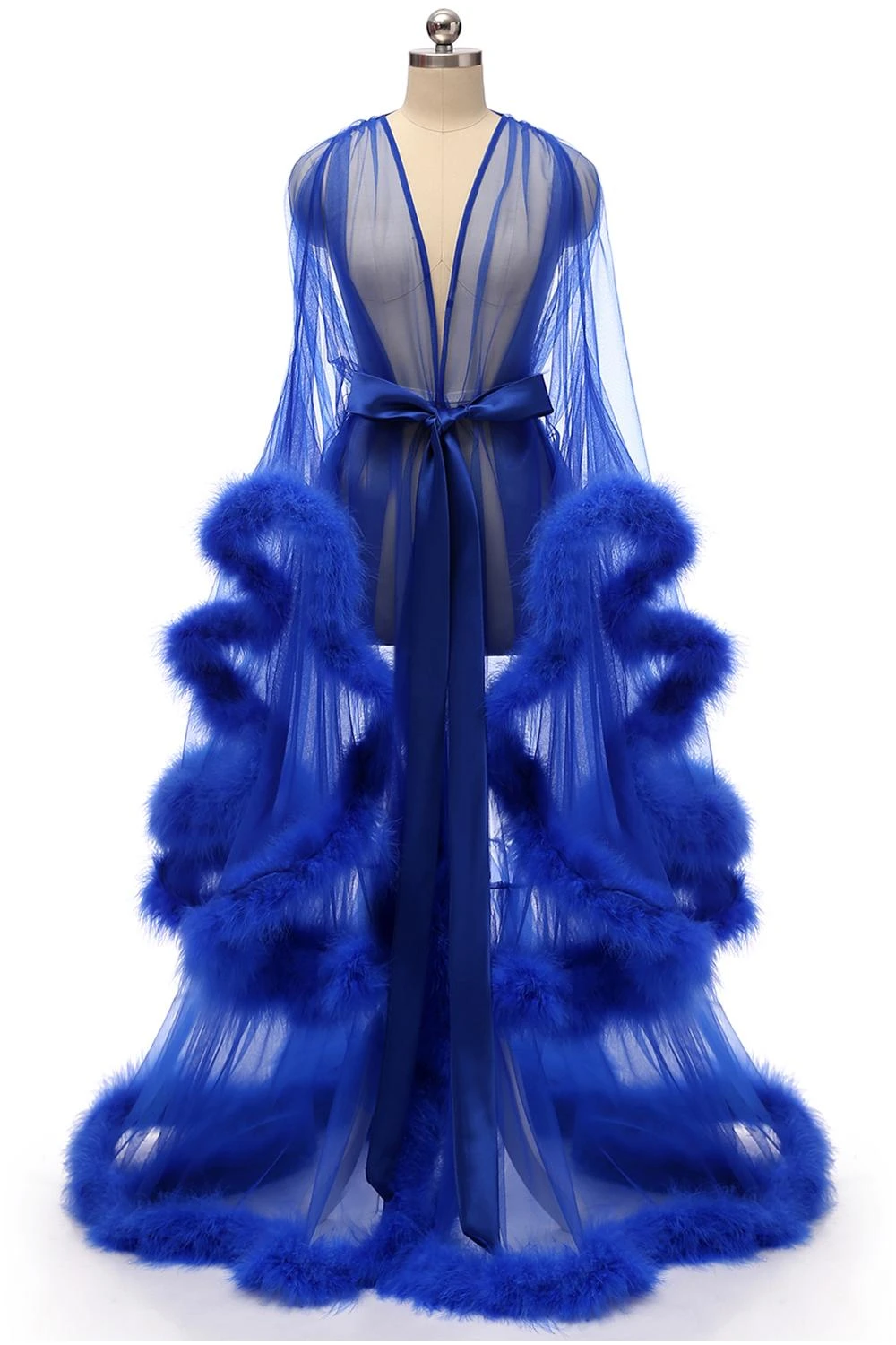 Wedding Bridal Boudoir Robe Pink Feather Sheer Tulle Illusion Long