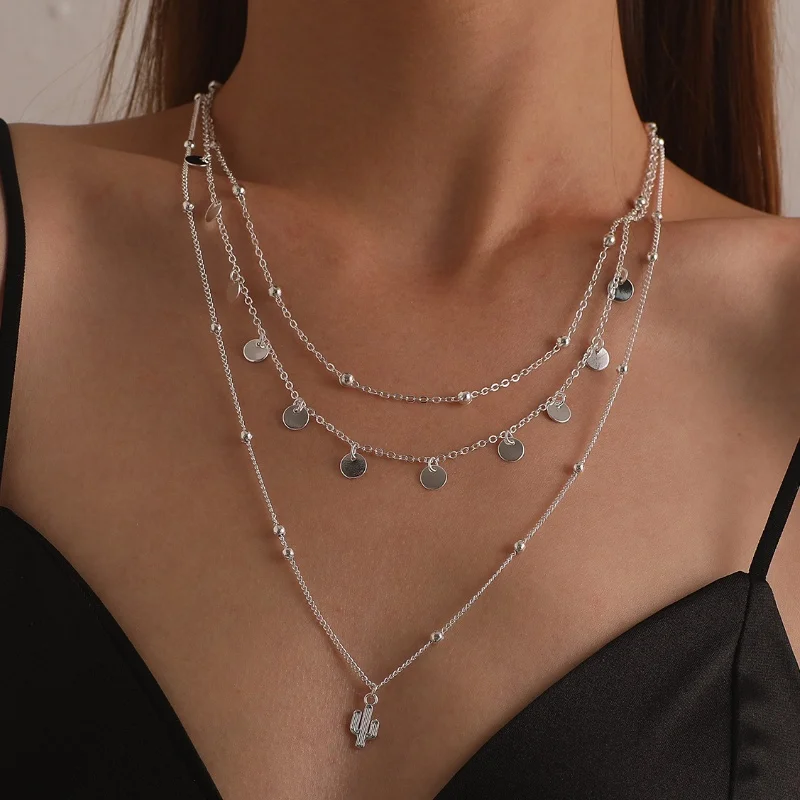 Silver Color Multi-Layered Cactus Pendant Necklace for Women Exquisite Round Beads Collarbone Chain Jewelry Gifts