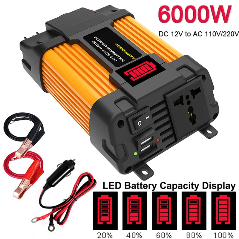 6000W 4000W Car Power Inverter LED Portable Capacity Display Transformer Converter 12V to 110V Dual USB Solar Inverter 12V 220V