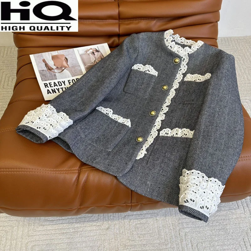 

Женская темпераментная винтажная кружевная Лоскутная шерстяная куртка с длинным рукавом и карманами