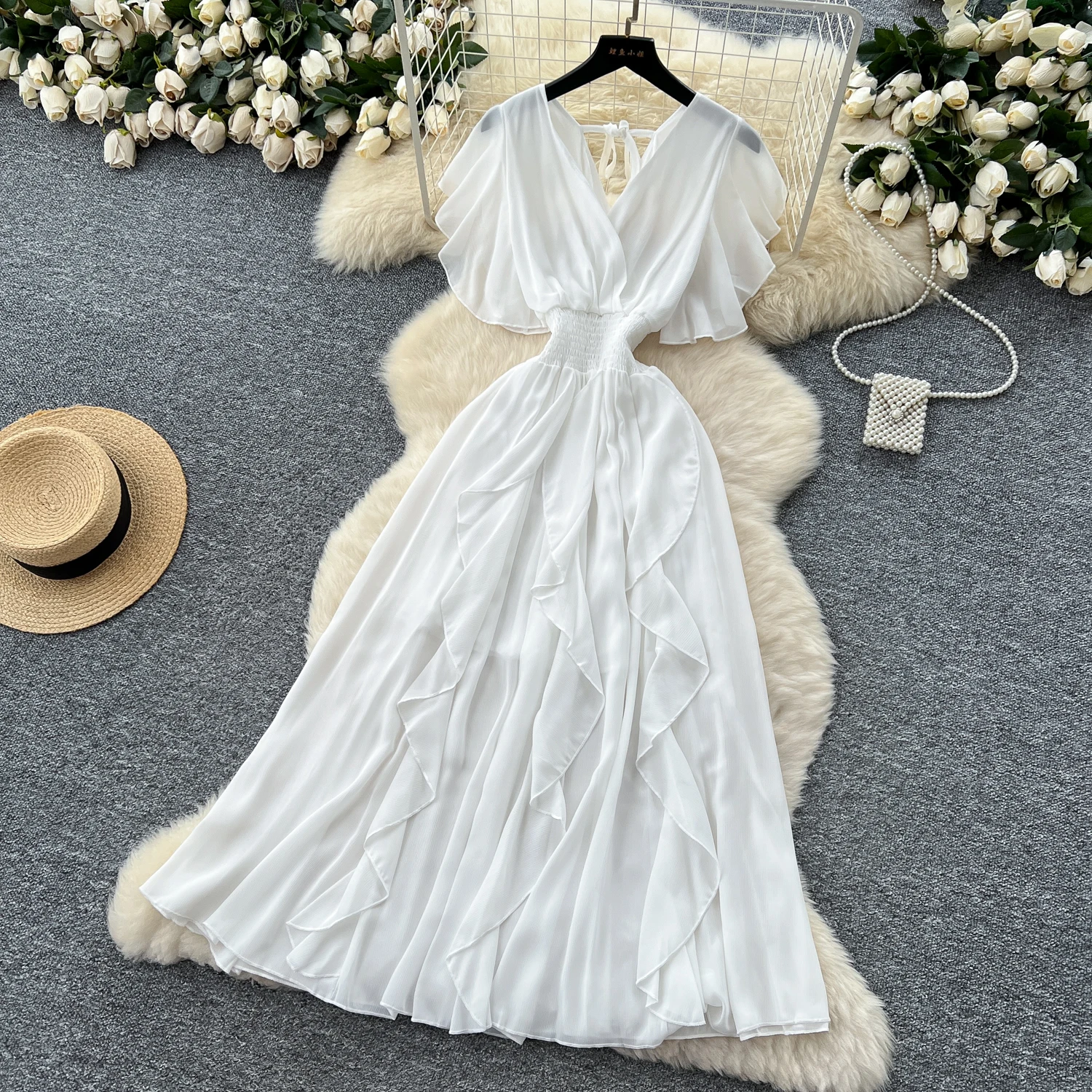 Elegant Criss-Cross chiffon short sleeve Vintage Chic Slim Ball Gown Dresses French Evening High Street Clothing