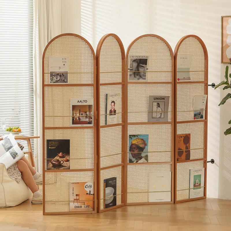 

Japanese rattan woven screen partition, solid wood small unit, movable magazine bookshelf, background decoration, household entr