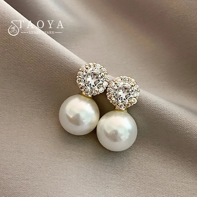 Boucles d'oreilles romantiques françaises simples incrustées de perles rondes en Zircon pour filles, nouveaux bijoux à la mode, accessoires de luxe pour femmes, 2025