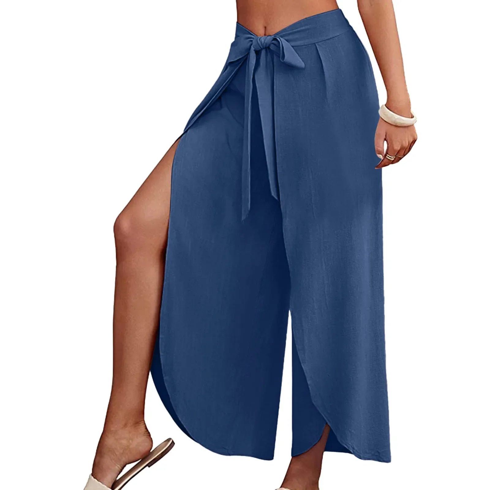 Women's Fashion Loose Casual Solid Color High Waist Flowy Wide Leg Pants Front Split Wrap elegant lace-up Length Trousers