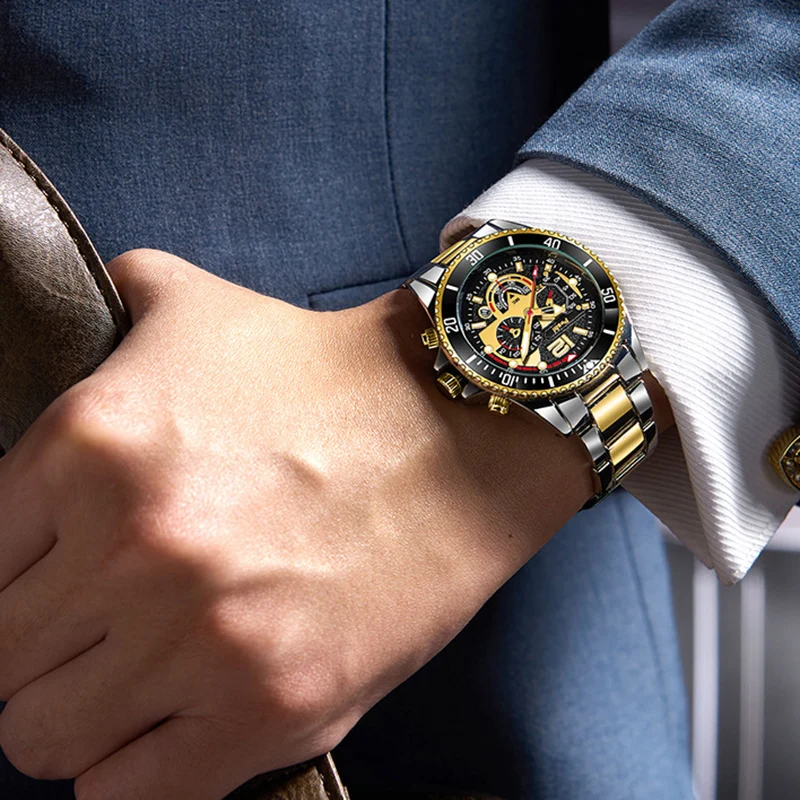 YIKAZE Green Watch For Men Luxury Versatile Alloy Man Quartz Watches Waterproof Calendar Luminous Business Male's Clock Watch