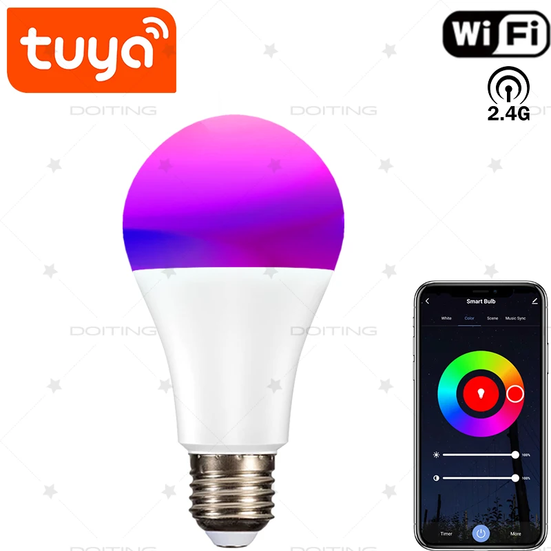 투야 와이파이 스마트 전구, RGB LED 램프, 지능형 밝기 조절, 웜 화이트 램프, 구글 홈, 알렉사 음성 제어 그룹, E27, 15W, 12W