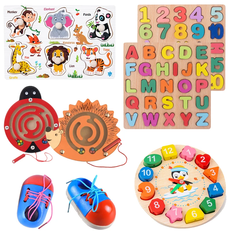 Wooden Toys Lacing Shoes Children Montessori Learning Educational Toys Games Alphabet Puzzles Board Tie Shoelaces Toddler Toy 4 in 1 wooden chess set checkers tic tac toe sling puck high quality folding board game for children adult educational learning