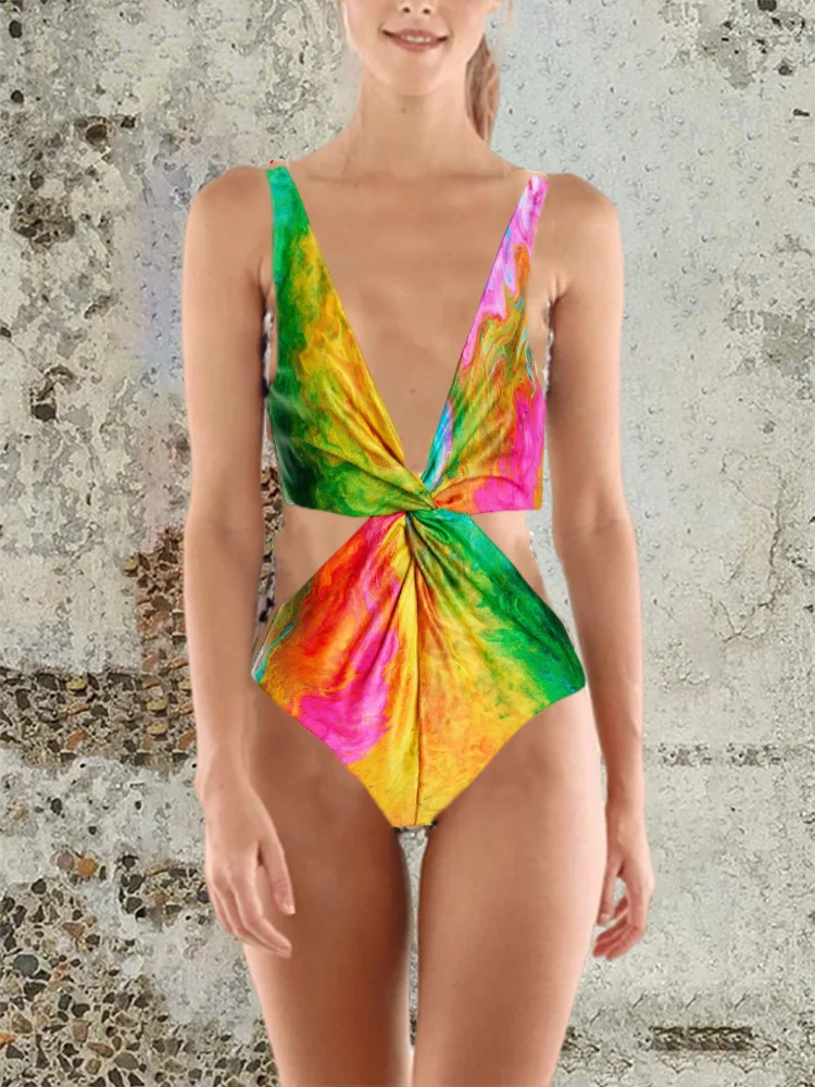 Women Pleated Bikini Frilled V Neck One Piece Swimsuit Asymmetric Design Beach Skirt Advanced Elegance Party Yellow Swimwear