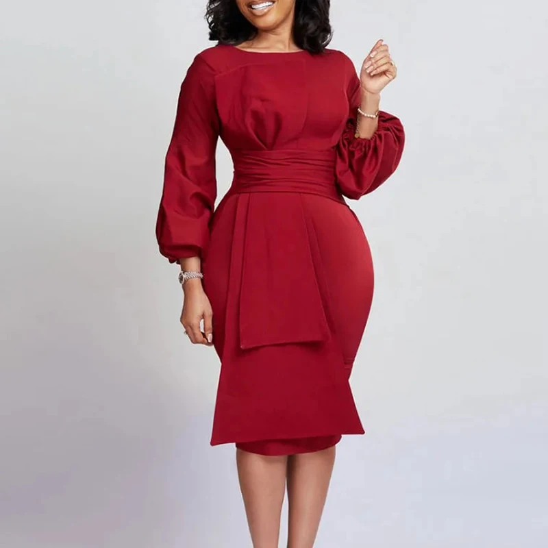 

Elegant Puff Long Sleeve O-neck Collar Dress Women Office Lady Work OL Africa High Waist Folds Bodycon Slim Fit Party Dresses