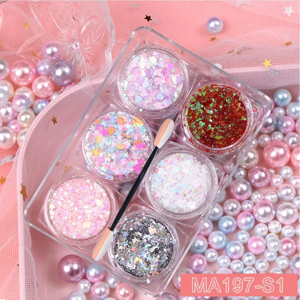 6pcs/set Body/Face/Eye Makeup Glitter Gel Star/Moon/Hexagon/Heart Nail Sequins Gel Loose Sequins Festival Makeup Decorations 2