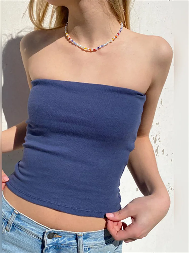 Women White Crop Tops Summer Street Style Sleeveless Strapless Ribbed Tube Tops Solid Color Base Vest Backless Tank