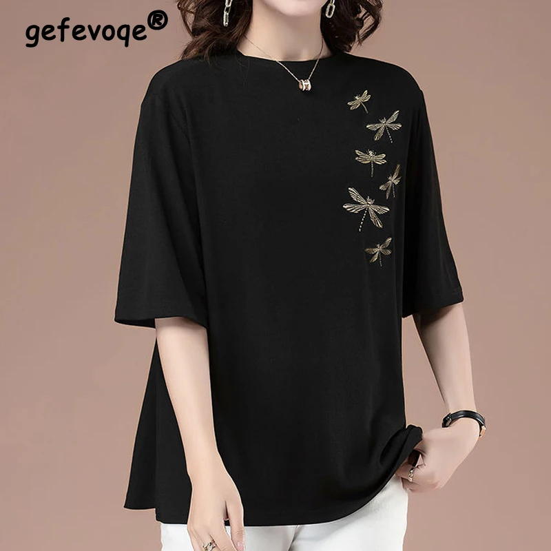 

Women Vintage Embroidery 3/4 Sleeve Cotton Solid Tops O-Neck Casual Blouses 2022 Summer Loose Pullover Oversize 5XL Tee Shirts