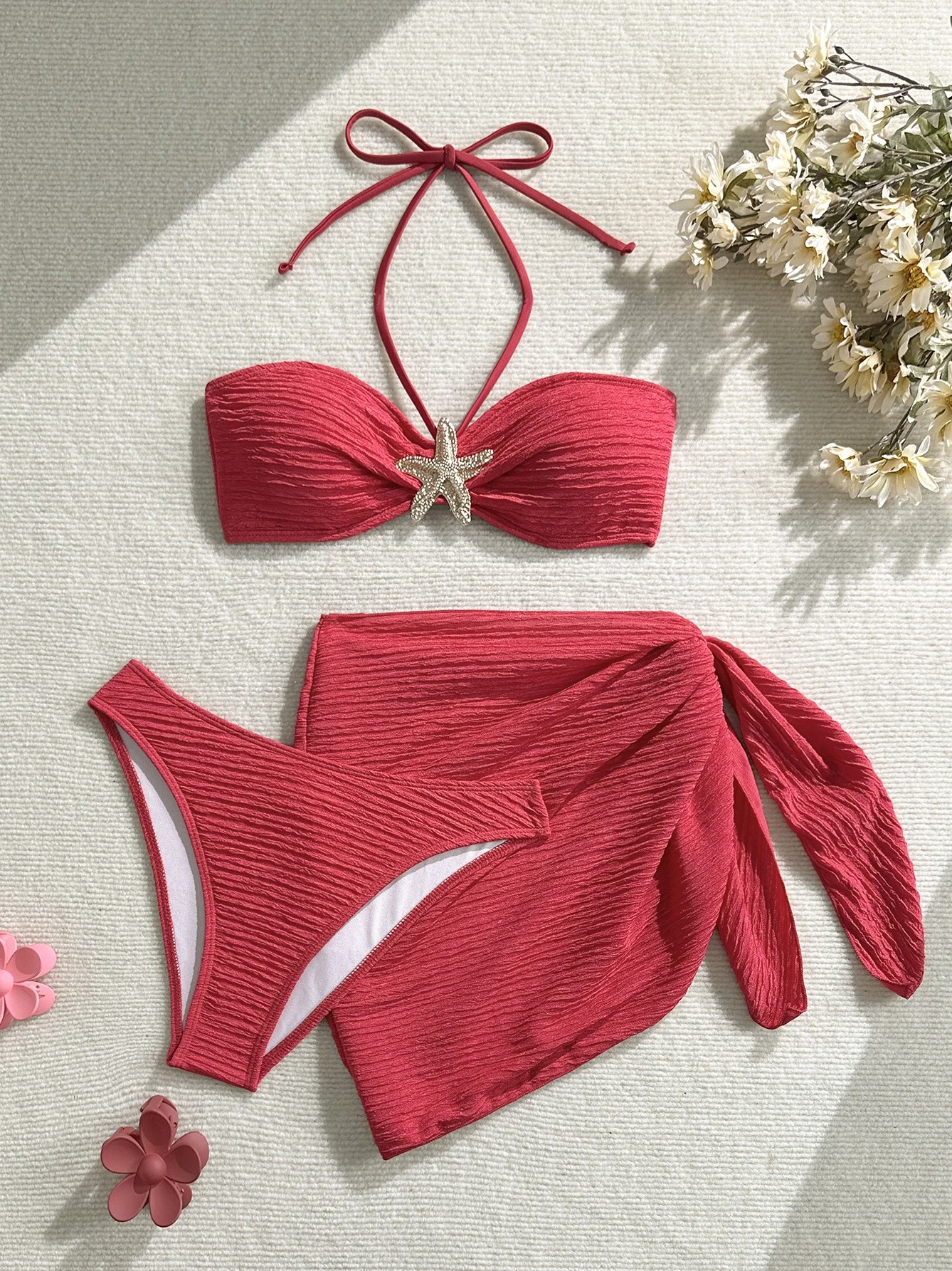 Sexy Metal Starfish Bikinis Set Women Brown Bandeau Push Up Mesh Skirt 3 Piece Swimsuit 2025 Beach Bathing Suit Holiday Swimwear 4