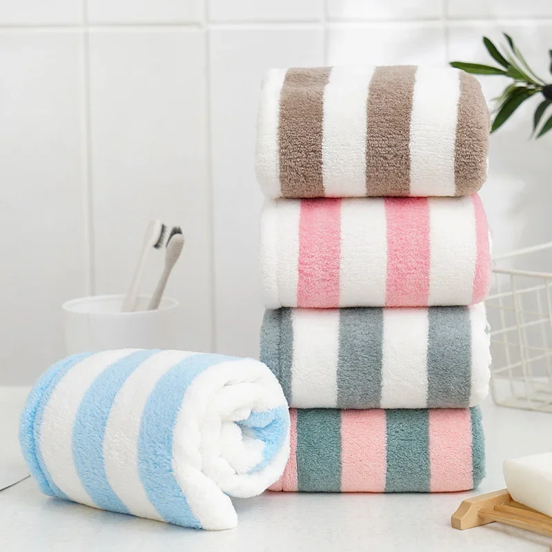 Dry Hair Towel Microfiber Coral Velvet Striped Pattern Hair Cap for Women Turban Water-Absorbent Quick-Drying Striped Shower Cap
