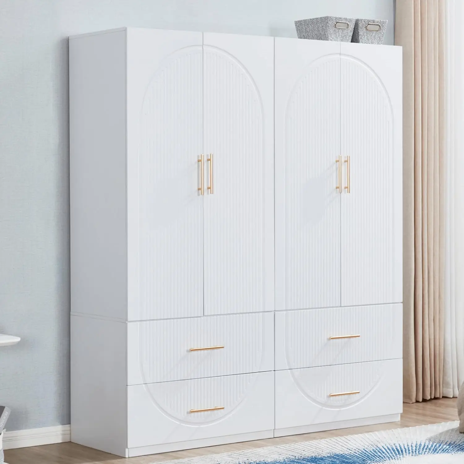 74.2" H 4 Doors 4 Drawers White Wood Wardrobe Armoire Closet Modern Freestanding Bedroom Bathroom Organizer Storage Cabinet