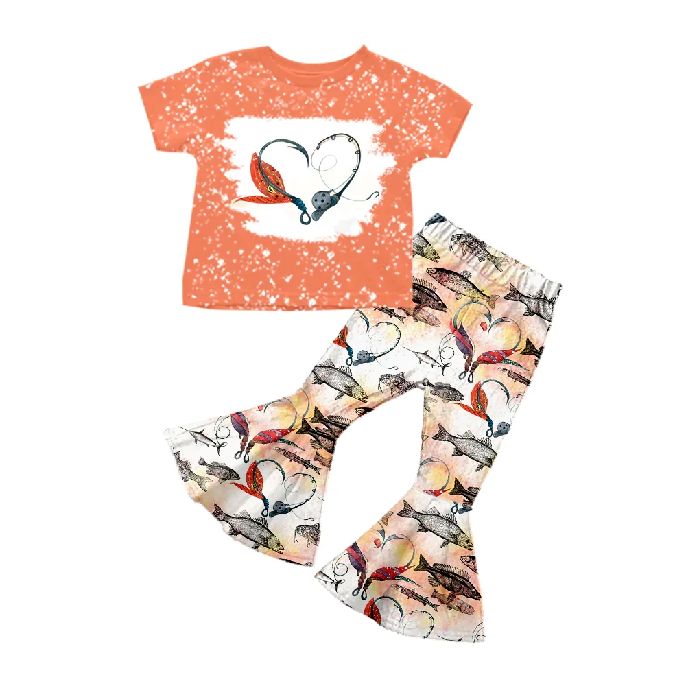 

Hot selling children's clothing girls fish print flared pants wholesale cute little girl suits