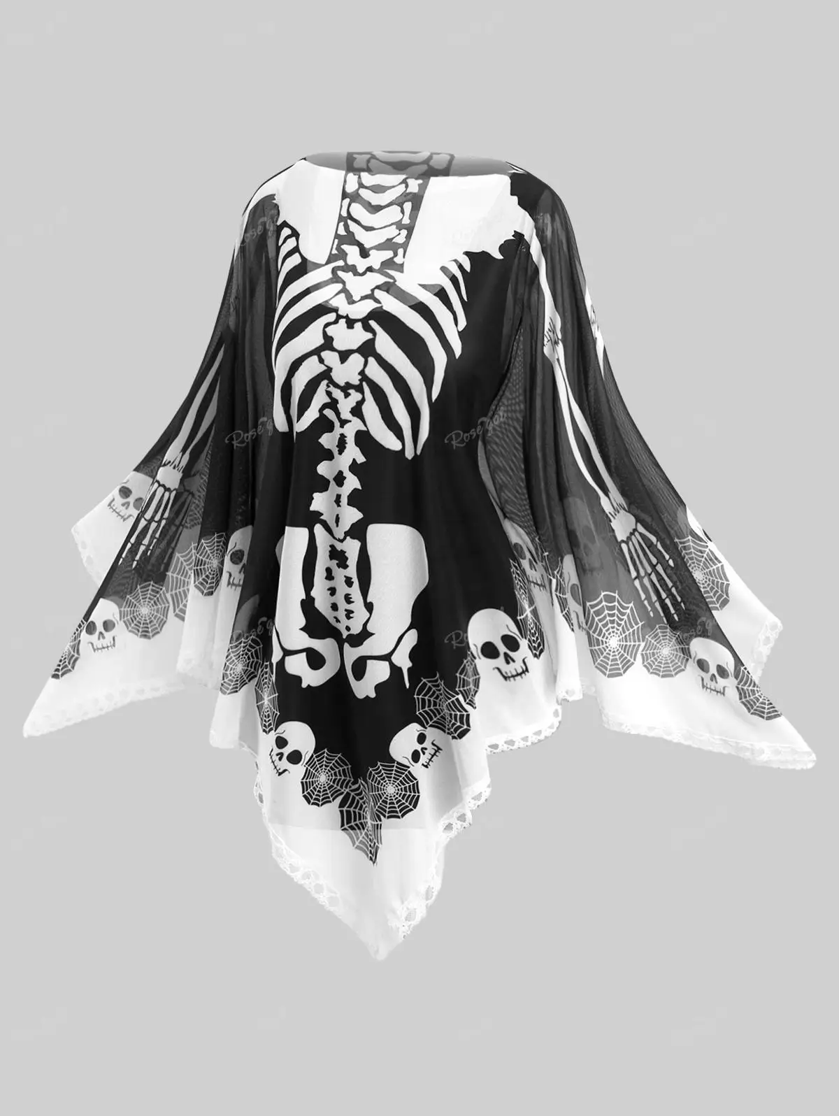 

ROSEGAL Plus Size Asymmetrical Cape Skull Spider Web Skeleton Printed Handkerchief Cloak Halloween Casual Thin Capes