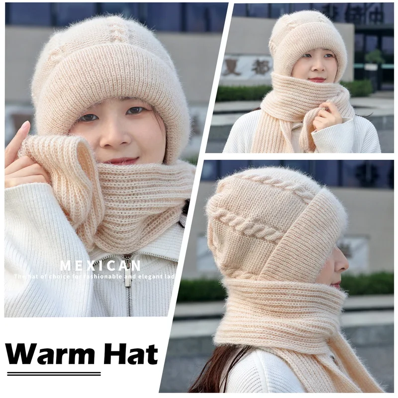 

Winter Integrated Ear Protection Windproof Cap Scarf Velvet Knitting Thick Warm Ear Guard Hat For Mom Women Solid Color Scarves