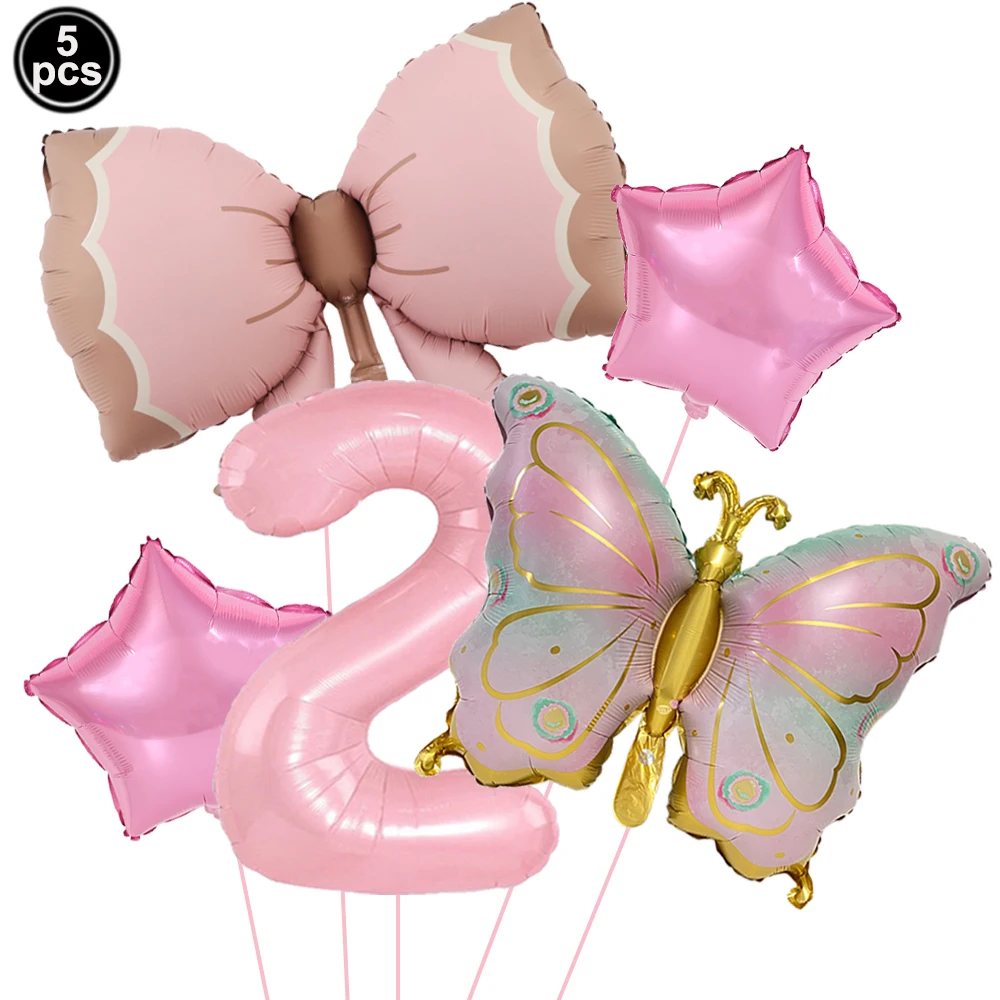 Pink Bow Party Decor Set - Includes Banner, Cake Toppers, Straws, Balloons
