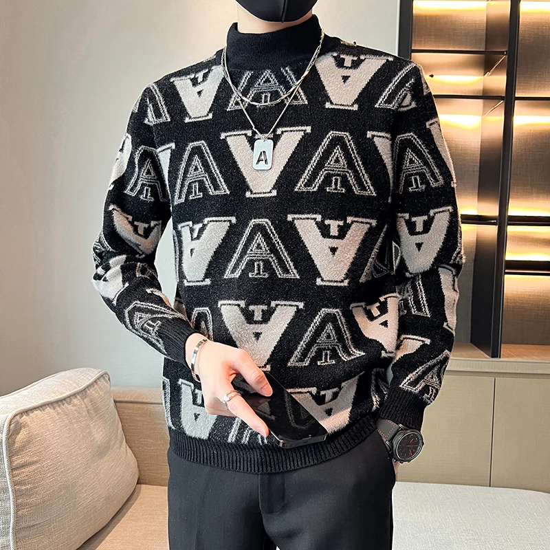 Autumn Winter Half Turtleneck Sweater Men Korean Jacquard Casual