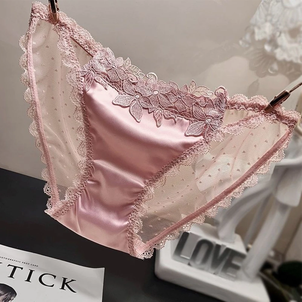 

Women Satin Briefs Seamless Panties Smooth Silk-like Underwear Sexy Ladies Flower Underpants Back See Through Mesh Knickers
