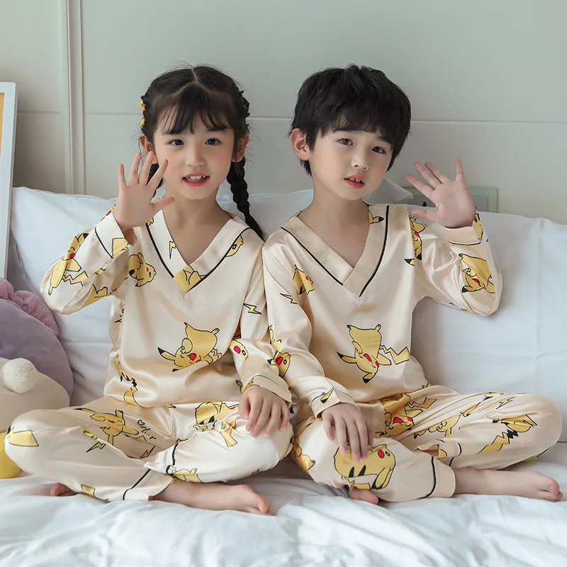 الفتيات الصيف الحرير الجليد طويلة الأكمام رقيقة النسخة الكورية الجديدة للأطفال مجموعة المتسكعون بيجامة مجموعات Homewear الصبي الملابس ملابس خاصة