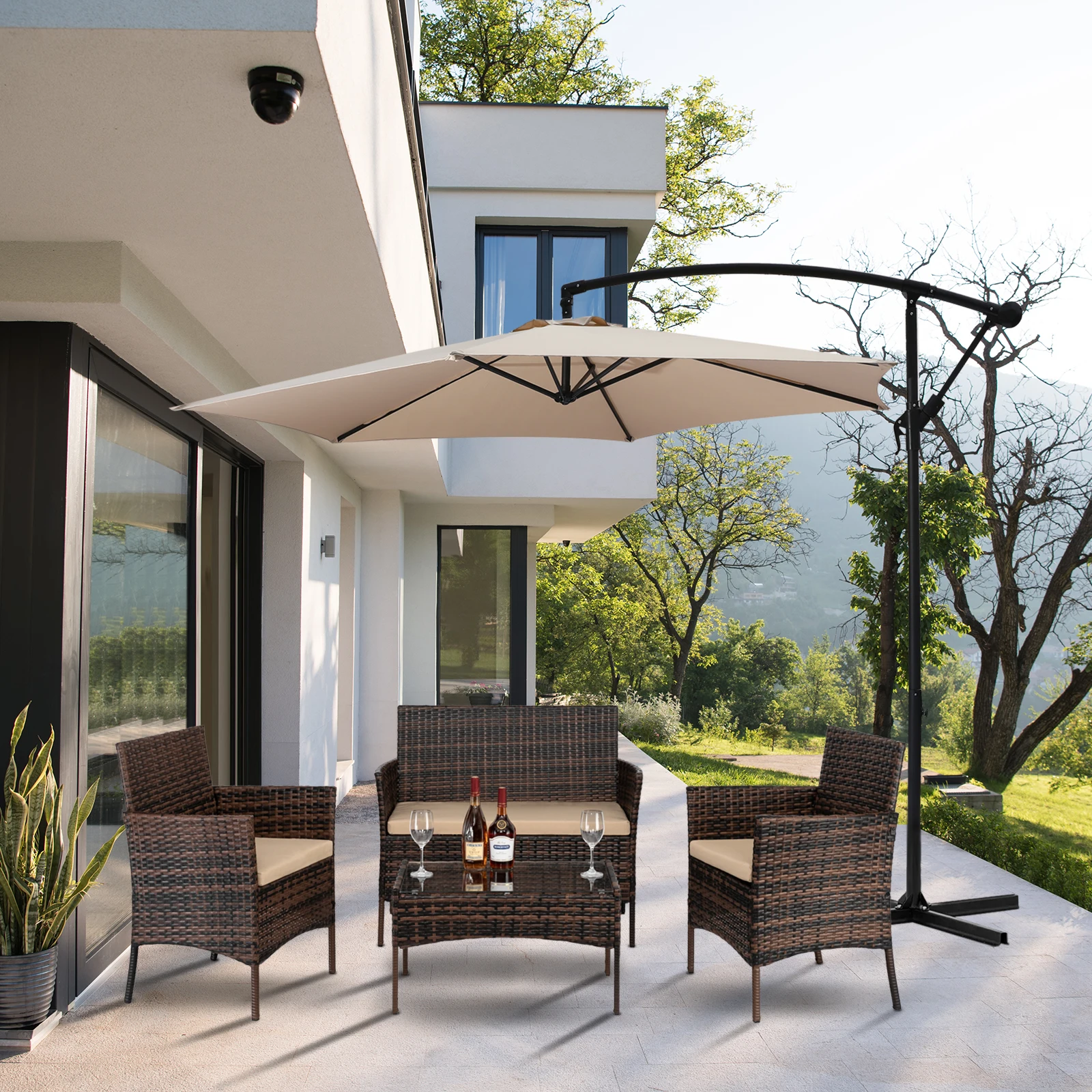 2pcs Arm Chairs 1pc Love Seat & Tempered Glass Coffee Table Rattan Sofa Set Brown Gradient