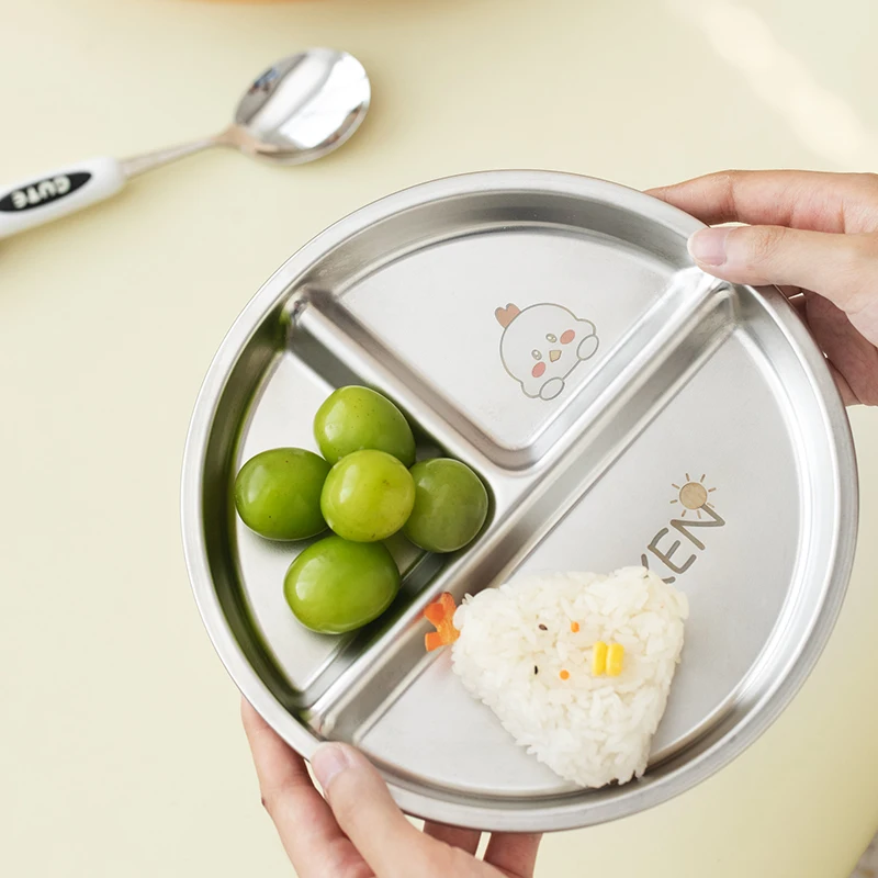 Round Dining Plate 304 Stainless Steel Food Plate Divided Breakfast 3 Grids Cute Tableware Stackable Fruit Salad Set