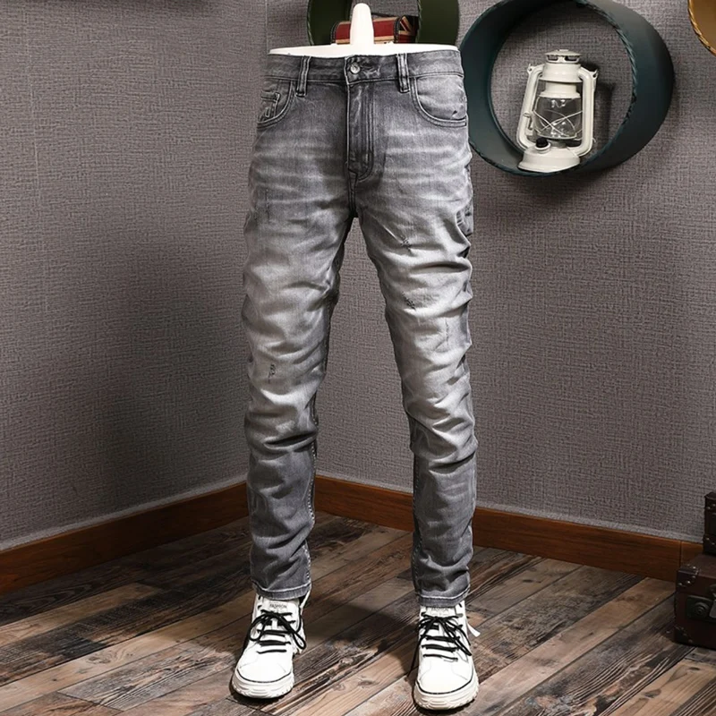 European Vintage Fashion Men Jeans High Quality Retro Gray Elastic Slim Fit Ripped Jeans Men Casual Designer Denim Pants Hombre