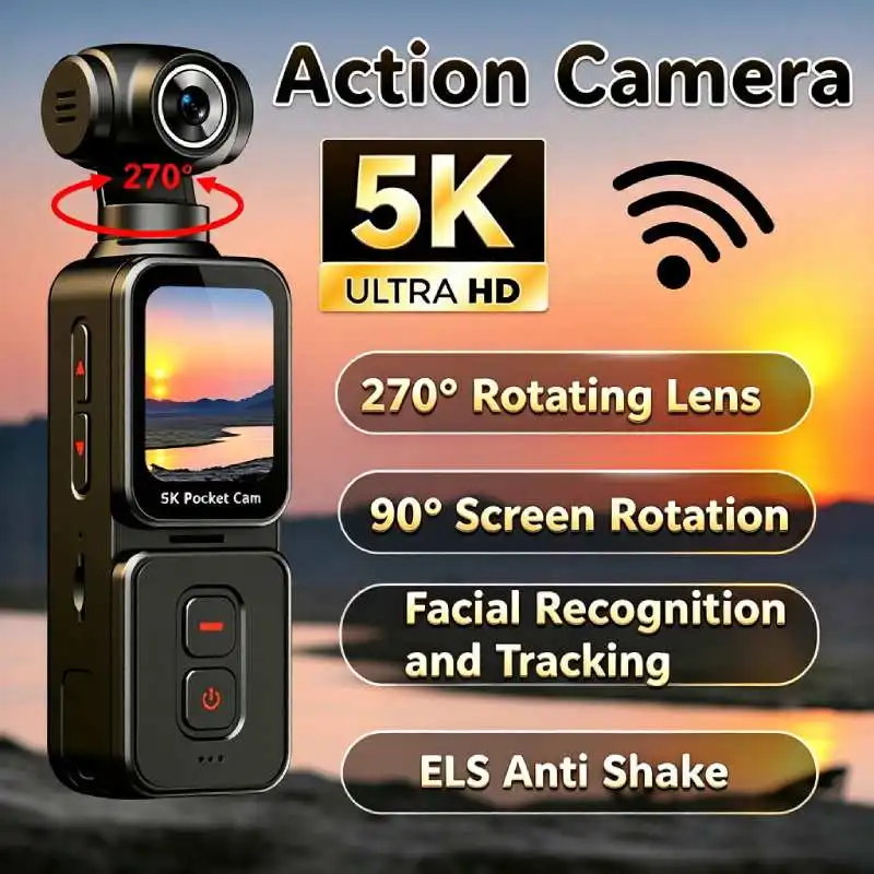 5K Handheld Action Camera 270°Rotating Lens Pocket Cam Face Recognition Automatic Follow Shot for Sports Travel Vlog Recorder