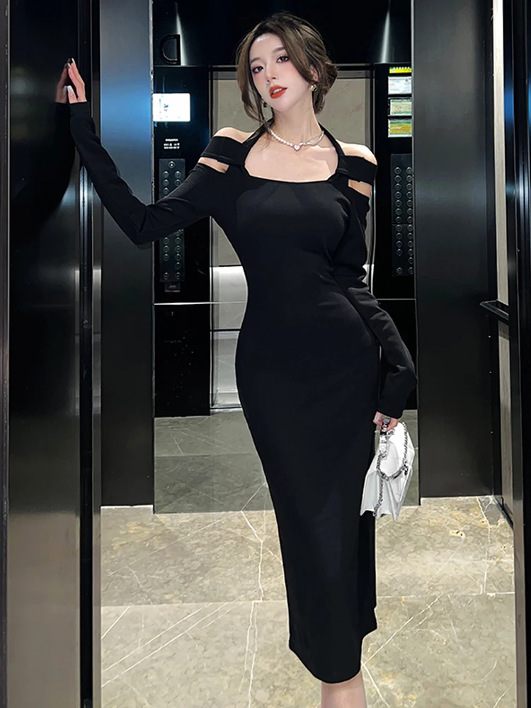 

Весенние платья для женщин 2023, эластичное вечернее платье с воротником-лодочкой, женское элегантное тонкое платье, черное сексуальное длинное платье