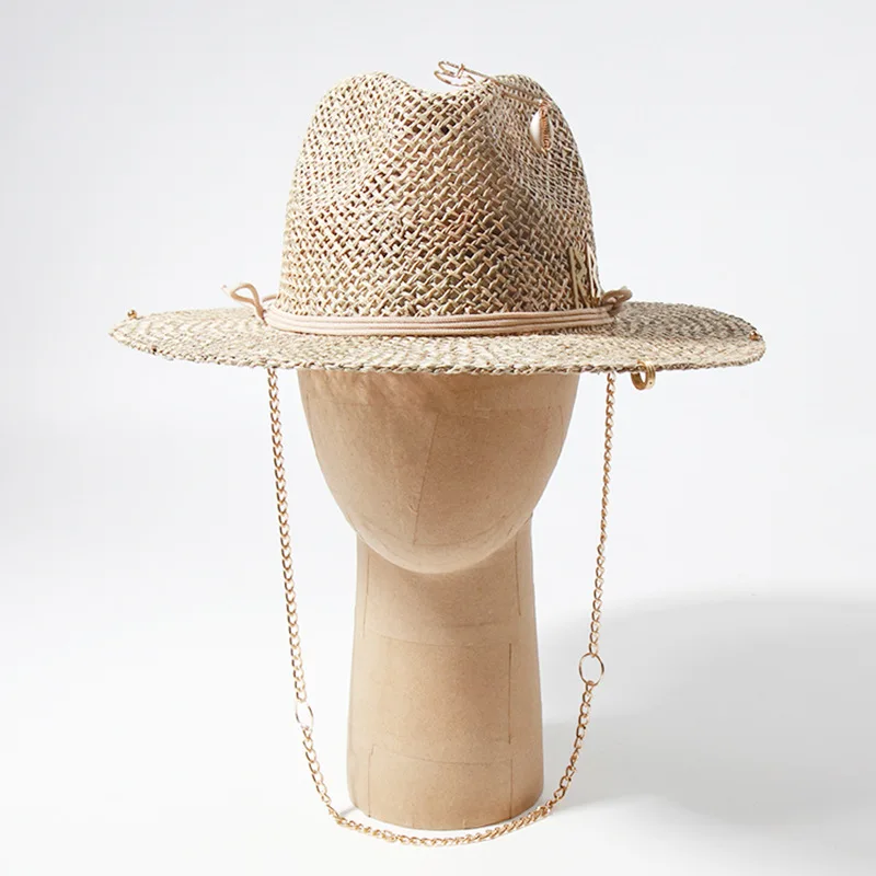 Women's Fashion Straw Sun Hat With Pin Design Openwork Letters Metal Chain European Style Summer Beach Cap_voghion.com