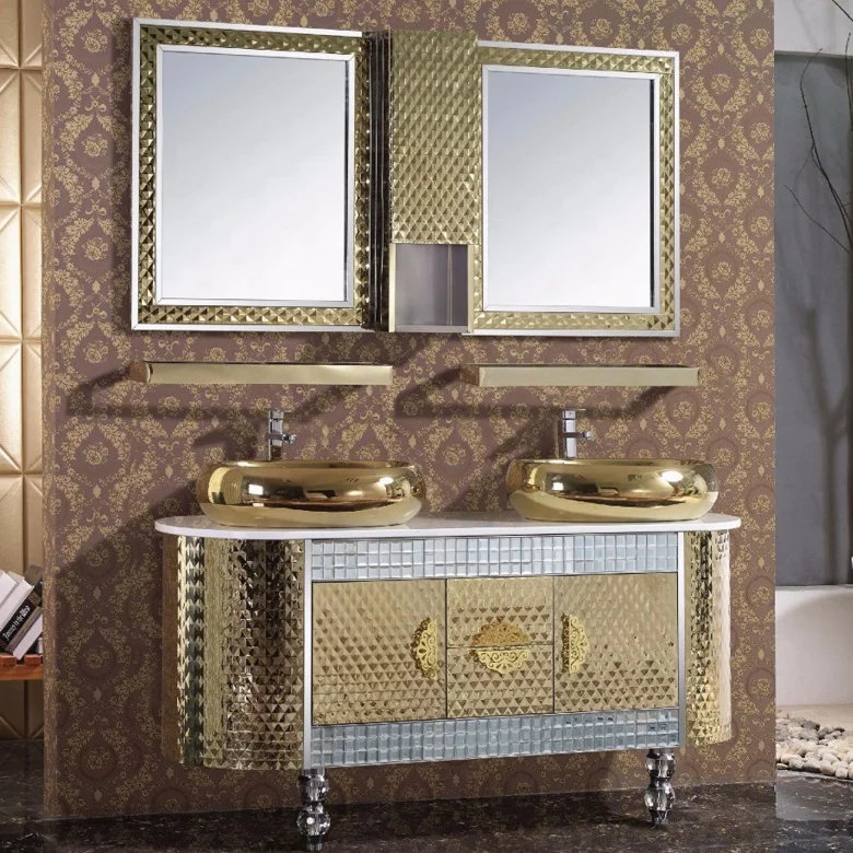Luxury Golden Floor Standing Mirror Cabinets Single Sink Stainless Steel Bathroom Vanities 4
