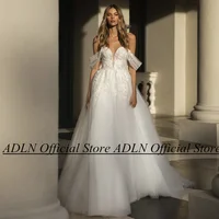 ADLN Romantic Boho Wedding Dress Off The Shoulder V Neck See Through Sequined Applique A Line Tulle Bridal Gown Robe De Mariee 1
