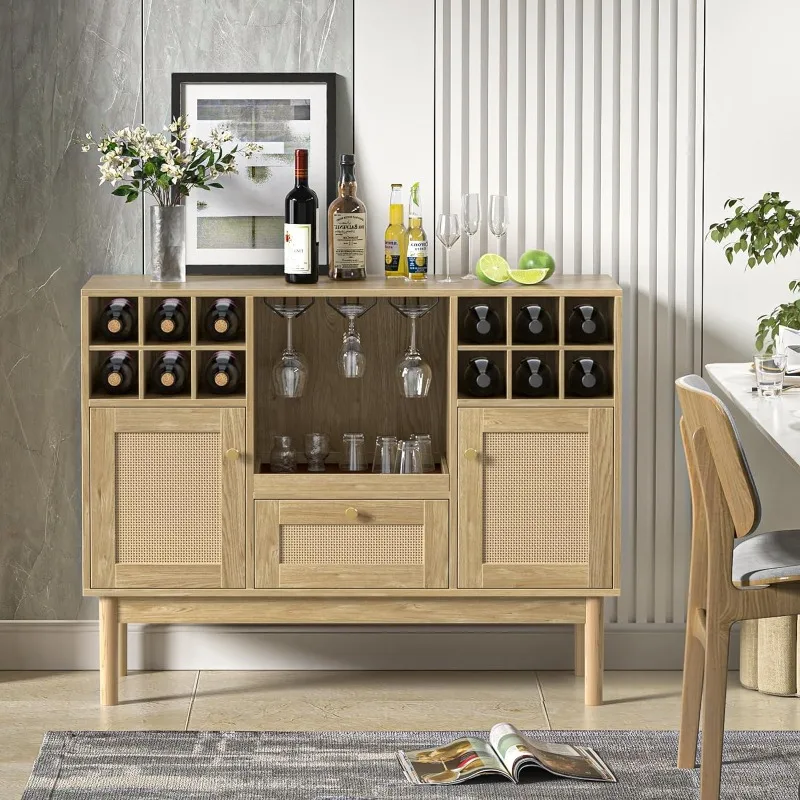 

Anmytek Rattan Wine Bar Cabinet, Wood Liquor Cabinet with Wine Rack, Kitchen Sideboard Buffet Wine Cabinet with Drawer