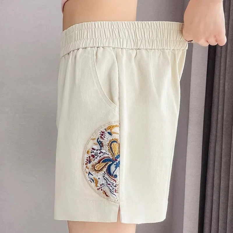 Chinese Style Women's Summer 2024 New Spliced Elasticized High-waisted Embroidery Fashion Loose All-match Casual Sports Shorts