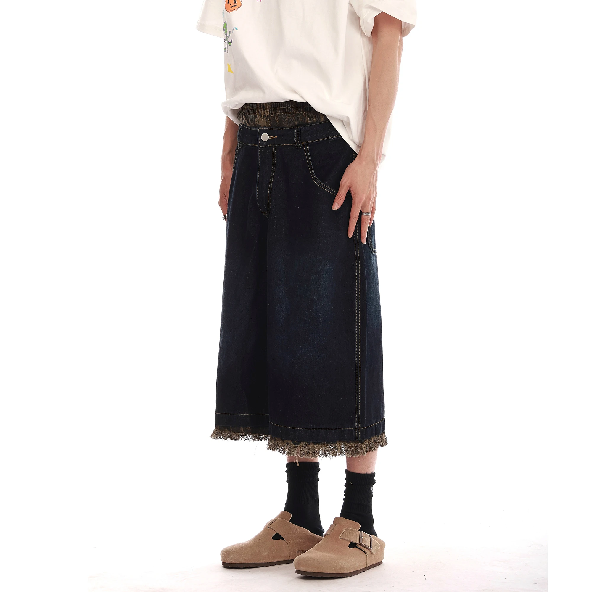 Camouflage Patchwork Capri Pants Oversized Washed Wide Leg Denim Shorts Streetwear Fashion Leopard Raw Edges Baggy Jeans Y2k